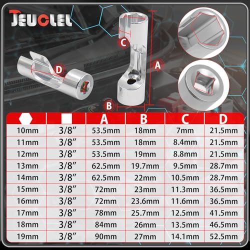 10PCS 10-19mm 3/8"Drive Diesel Injector Fuel Line Socket Wrench Set | Flare Nut Socket, Fastener Bent Pipes, Wired Temperature Sensors, EGT Sensor, Thermo Switches, ABS Tubes, Strut Nut Extractor - size: 10-19mm