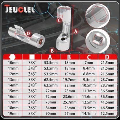 10PCS 10-19mm 3/8"Drive Diesel Injector Fuel Line Socket Wrench Set | Flare Nut Socket, Fastener Bent Pipes, Wired Temperature Sensors, EGT Sensor, Thermo Switches, ABS Tubes, Strut Nut Extractor - size: 10-19mm