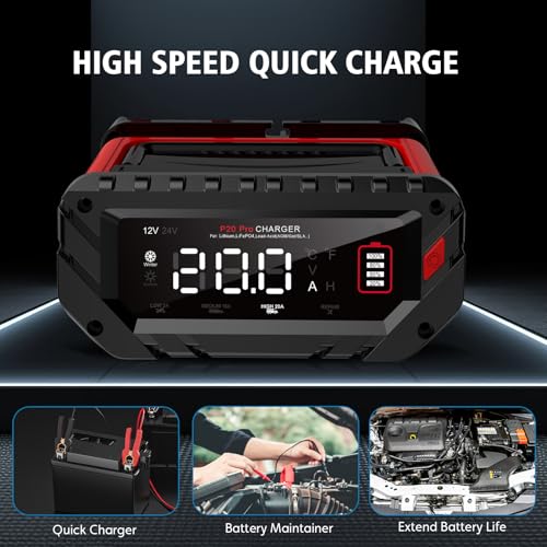 20A Car Battery Charger, 12V/24V Smart Battery Maintainer, Trickle Chargers | 12V 20A/24V 10A Smart Fast Battery Chargers for Car, Motorcycle, Boat, Marine, Lead-Acid, Lithium, LiFePo4 Batteries
