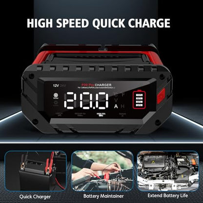 20A Car Battery Charger, 12V/24V Smart Battery Maintainer, Trickle Chargers | 12V 20A/24V 10A Smart Fast Battery Chargers for Car, Motorcycle, Boat, Marine, Lead-Acid, Lithium, LiFePo4 Batteries