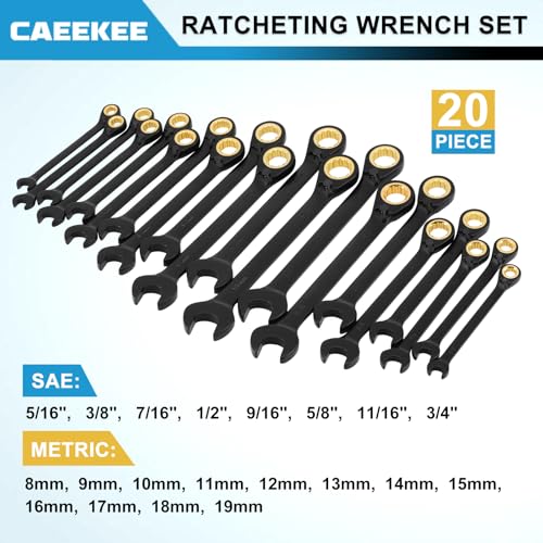 20PCS 72-Tooth Reversible Ratcheting Combination Wrench Set, Metric & SAE, 8mm - 19mm, 5/16" - 3/4", 12 Point, CR-V Steel, With Organizer Box