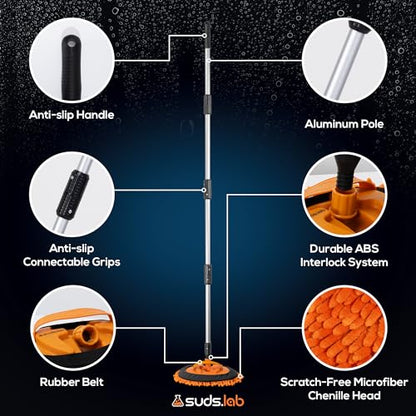 Suds Lab EM Extendable Wash Mitt with 170° Telescopic Handle – 58" Car Wash Mop with 2 Scratch-Free Chenille Microfiber Car Washing Mitts for SUVs, RVs and Trucks