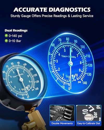 OMT Fuel Injection Pressure Tester Kit With 140 PSI Gauge, Quick Fittings | Durable Brass & Aluminum Connectors; Gasoline Pump Diagnostic Hoses; Vehicle Maintenance; For Professional Auto Mechanics