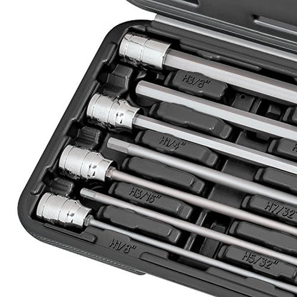 CARBYNE 7-Piece SAE Extra Long Hex (Allen) Bit Socket Set, 1/8 in. to 3/8 in., 3/8 in. Drive, S2 Steel Bits, CrV Sockets, 6.1 in. Overall Length for Deep-Reach Access, Durable Storage Case - style: SAE Hex