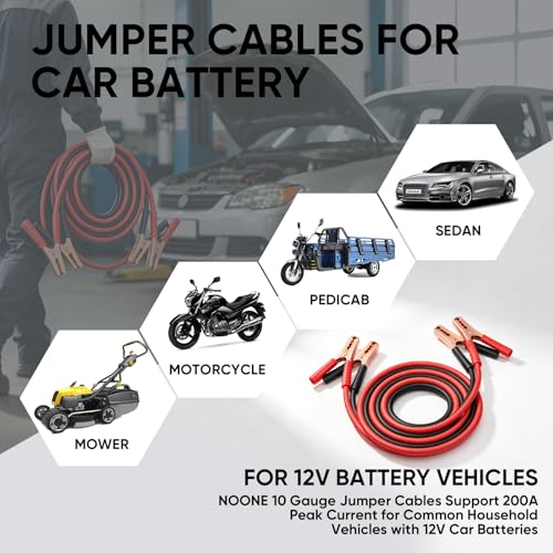 NOONE Jumper Cables for Car Battery, Heavy Duty Automotive Booster Cables for Jump Starting Dead or Weak Batteries (10-Feet) - size: 10Gauge x 10FT