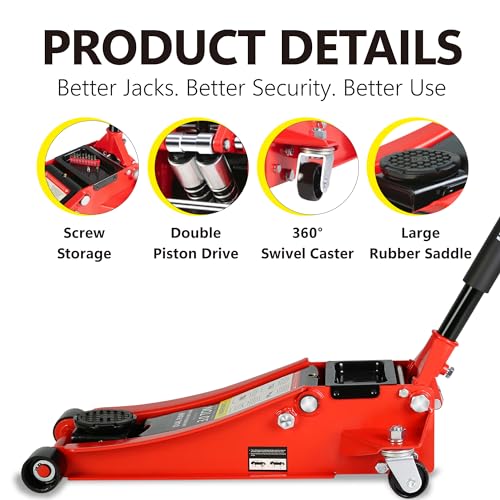Floor Jack, Professional Heavy Duty Hydraulic Floor Jack, Low Profile Steel Racing Floor Jacks w/2 Piston Quick Lift Pump, Lifting 3.3"-18.5" 3 Ton(6000lb) Capacity Red - color: Lift 3.3"-18.5" 3 Ton(6,000lb) Red Steel