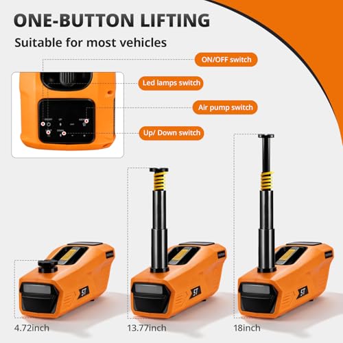 Electric Car Jack Kit 5 Ton 12V Cordless Hydraulic Floor Jack with Remote Control & Tire Inflator – Portable Emergency Lifting Kit for SUV, Sedan, Truck, Lifting Height 4.7-18 Inch