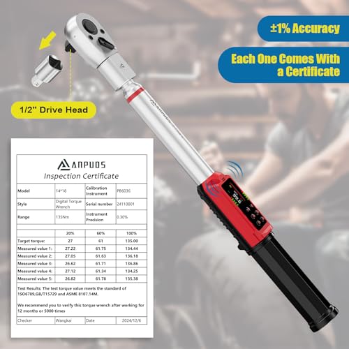 ANPUDS Adjustable Digital Torque Wrench, 1.5-99.6 Ft.lb, ±1% Accuracy | 2-135Nm, 45mm Jaw & 1/2" Ratchet, 14×18mm Open End, Vibration, Buzzer, LED Indicator for HVAC, Split AC, Motorcycle, Plumbing - size: 1.5-99.6 Ft.lb/2-135 Nm(14×18mm)