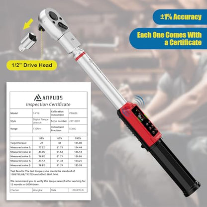 ANPUDS Adjustable Digital Torque Wrench, 1.5-99.6 Ft.lb, ±1% Accuracy | 2-135Nm, 45mm Jaw & 1/2" Ratchet, 14×18mm Open End, Vibration, Buzzer, LED Indicator for HVAC, Split AC, Motorcycle, Plumbing - size: 1.5-99.6 Ft.lb/2-135 Nm(14×18mm)