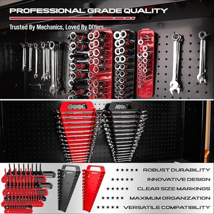 10-Piece Socket and Wrench Organizer Set, 8PC Socket Organizer Tray and 2PC 24-Slot Magnetic Wrench Organizer, for 1/4", 3/8", 1/2" Drive SAE and Metric, Toolbox Drawer Storage, Tools Not Included