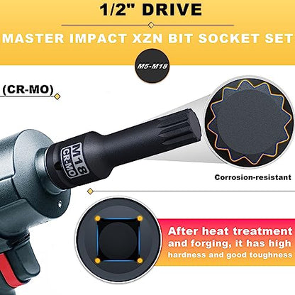 1/2" Drive Master Impact XZN Bit Socket Set, 10-Pieces: M5 - M18, Cr-Mo Steel, Heavy Duty Storage Case - size: 1/2" XZN