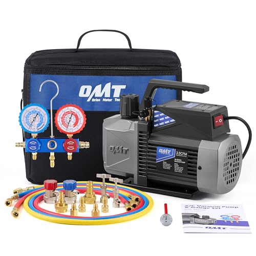 Orion Motor Tech A2L AC Vacuum Pump and Gauge Set, for R1234yf R32 R134a R410A Systems with 3.5 cfm Sparkless Ignition Proof Vacuum Pump, 3 Way AC Gauges Quick Couplers Can Taps Hoses Thermometer - size: 3.5 CFM A2L&R1234yf R32 R134a R410A