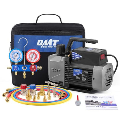 Orion Motor Tech A2L AC Vacuum Pump and Gauge Set, for R1234yf R32 R134a R410A Systems with 3.5 cfm Sparkless Ignition Proof Vacuum Pump, 3 Way AC Gauges Quick Couplers Can Taps Hoses Thermometer - size: 3.5 CFM A2L&R1234yf R32 R134a R410A