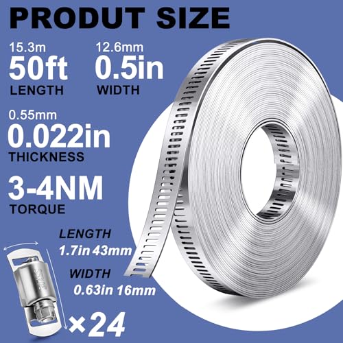 Hose Clamps- Stainless Steel Hose Clamp DIY 50FT Metal Strap + 24 Stronger Fasteners Large Adjustable Worm Gear Clamps for Fuel Line, Plumbing, Automotive, Mechanical, Pipe, Tube,Garden,Duct - size: 50FT Metal Strapping+24 Fasteners
