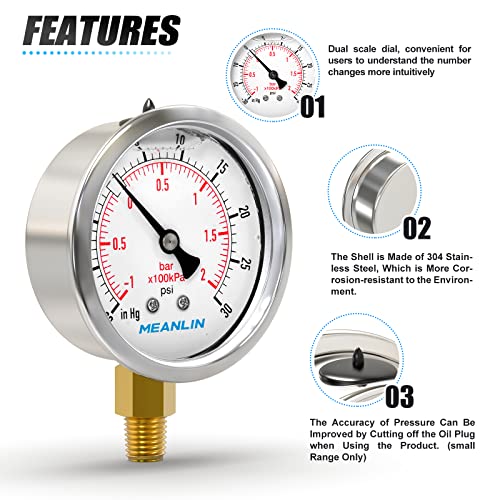 MEANLIN MEASURE -30inHG~30Psi Stainless Steel 1/8" NPT 2.5" FACE DIAL Vacuum Pressure Gauge, Lower Mount, with 1/4" NPT and 3/8" NPT Hex Bushing - size: -30inHG-30Psi