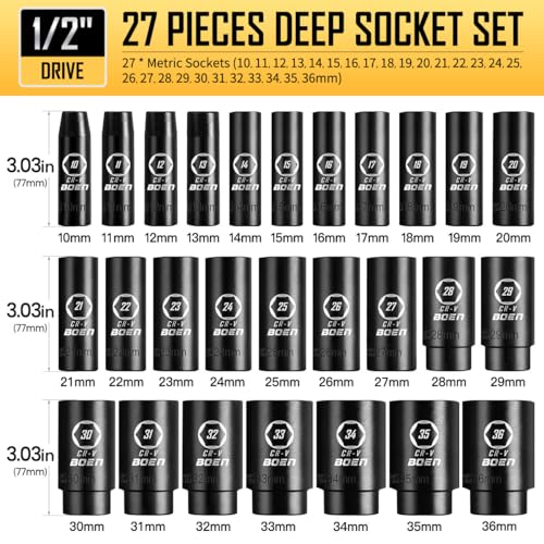 boen 10mm-36mm 1/2” Drive Metric Socket Set, Impact Deep Socket, 6-Point Axle Nut Socket with Portable Case, Rugged Construction, CR-V Steel, 27PCS