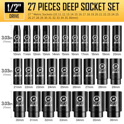 boen 10mm-36mm 1/2” Drive Metric Socket Set, Impact Deep Socket, 6-Point Axle Nut Socket with Portable Case, Rugged Construction, CR-V Steel, 27PCS