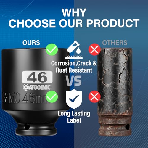 1/2 Inch Drive x 46mm Deep 6PT CR-MO Impact Socket for Removing Axle nut | Metric Socket,6-Point Radius Corner Design,Two Size Markings,Square Chamfered Opening,For Removal of Axle Nut - size: 46 mm, style: 1/2" Drive Deep Socket