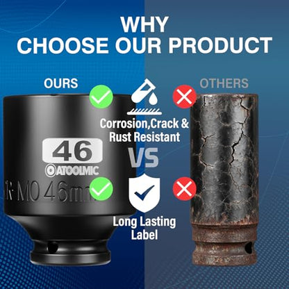 1/2 Inch Drive x 46mm Deep 6PT CR-MO Impact Socket for Removing Axle nut | Metric Socket,6-Point Radius Corner Design,Two Size Markings,Square Chamfered Opening,For Removal of Axle Nut - size: 46 mm, style: 1/2" Drive Deep Socket