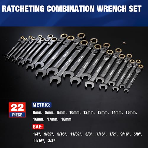 WORKPRO 22-Piece Flex-Head Ratcheting Wrench Set, Ratchet Combination Wrench Sets with Organizer Box, Nickel Plating, 72 Teeth, Metric 6-18mm & SAE 1/4-3/4" - style: Flex-head & Nickel Plating