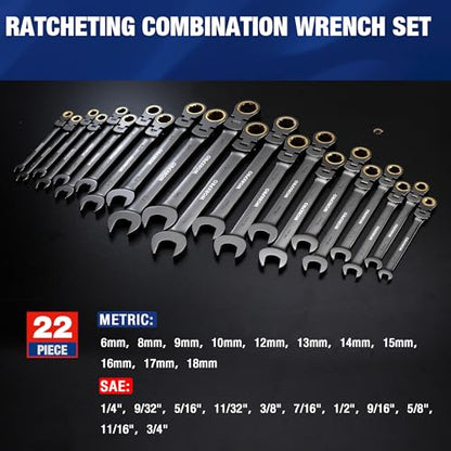 WORKPRO 22-Piece Flex-Head Ratcheting Wrench Set, Ratchet Combination Wrench Sets with Organizer Box, Nickel Plating, 72 Teeth, Metric 6-18mm & SAE 1/4-3/4" - style: Flex-head & Nickel Plating