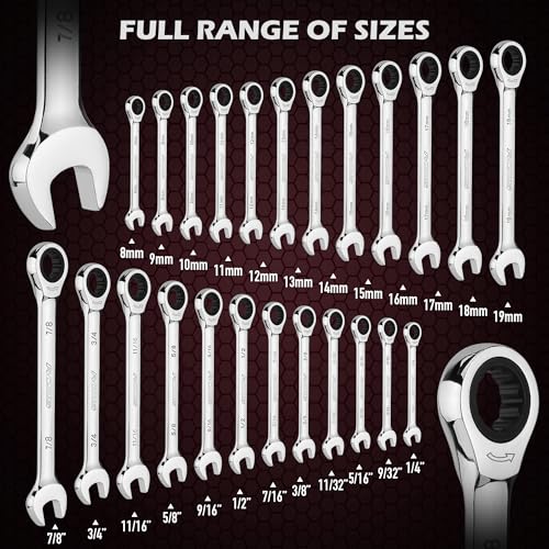 Premium 24-Piece Ratcheting Wrench Set, SAE & Metric Combination Wrenches, 8-19mm / 1/4"-7/8", 72-Tooth Ratchet Spanners, Chrome Vanadium Steel with Roll-Up Pouch for Mechanics