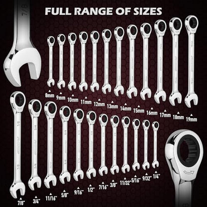 Premium 24-Piece Ratcheting Wrench Set, SAE & Metric Combination Wrenches, 8-19mm / 1/4"-7/8", 72-Tooth Ratchet Spanners, Chrome Vanadium Steel with Roll-Up Pouch for Mechanics