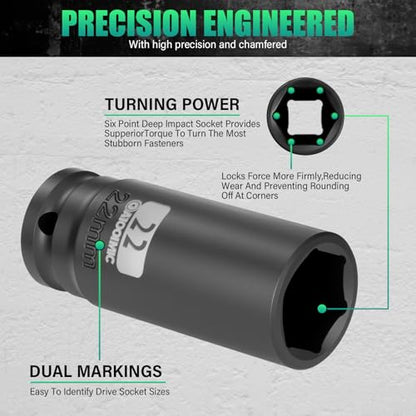 1/2 Inch Drive Impact 16 PCS Hex Socket Set,Metric Deep (10-32mm) Sockets,6 Point Radius Corner Design,CR-MO Alloy Steel,Square Chamfered Opening,Axle Nut Socket For Auto Repair - size: 1/2" Metric 16pc