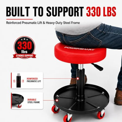 PowerSmart Rolling Mechanic Stool with Wheels, Pneumatic Adjustable Garage Shop Seat with Tool Tray, 330 lb Capacity Hydraulic Swivel Creeper Stool for Automotive Repair, Car Detailing & Workshop