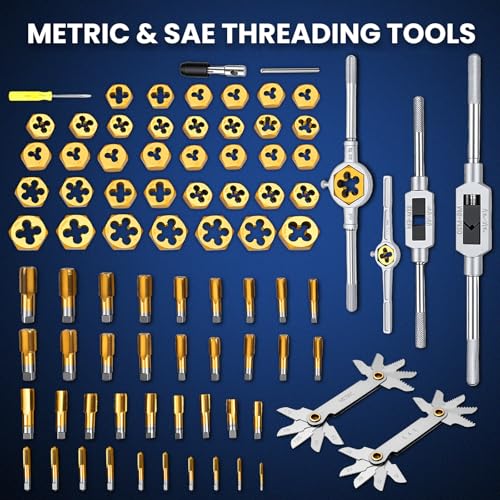 86-Piece Titanium-Coated Tap and Die Set – Professional Threading Tool Kit in SAE & Metric Sizes, HSS Thread Cutting & Rethreading Set for Automotive, Metalwork, Machinery, Plumbing & Repair Projects - size: 86 Pcs Professional Metric&SAE