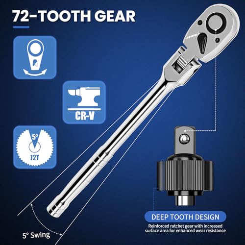 10-Piece Flex Head Ratchet Set, 1/4 3/8 1/2 Inch Drive, Swivel Head Ratchet Wrench with Extension Bars & 4 Adapters, 72-Tooth Quick-Release, EVA Storage Case for Auto & DIY Repairs - color: 10pcs