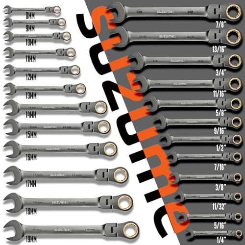 SUZUME 24-piece Flex Head Ratcheting Wrench Set Metric & SAE 180° flexible | 8-19mm & 1/4"-7/8" Cr-V Black Nickel Coating 72-tooth for Car, SUV, Pickup, Moto, Bike,Machine Repair Home DIY with Organizer - size: 24-Piece, style: Metric and SAE