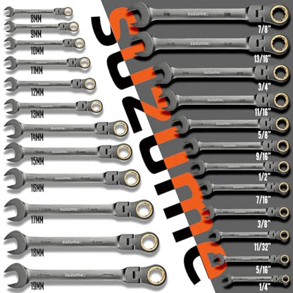 SUZUME 24-piece Flex Head Ratcheting Wrench Set Metric & SAE 180° flexible | 8-19mm & 1/4"-7/8" Cr-V Black Nickel Coating 72-tooth for Car, SUV, Pickup, Moto, Bike,Machine Repair Home DIY with Organizer - size: 24-Piece, style: Metric and SAE