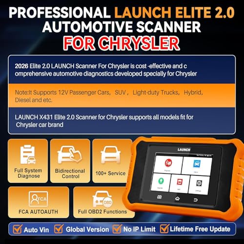 Launch X431 Elite 2.0 Bidirectional Tool Fit for Chrysler for Dodge for Jeep, 2026 Upgrade Full System Diagnostic Code Reader, 100+ Resets, AutoVIN, FCA Autoauth, Lifetime Free Update