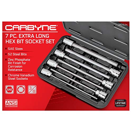 CARBYNE 7-Piece SAE Extra Long Hex (Allen) Bit Socket Set, 1/8 in. to 3/8 in., 3/8 in. Drive, S2 Steel Bits, CrV Sockets, 6.1 in. Overall Length for Deep-Reach Access, Durable Storage Case - style: SAE Hex