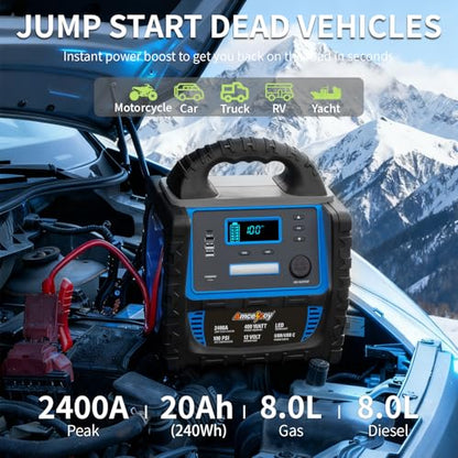 2400A Car Battery Jump Starter and Portable Power Station – Starts 8.0L Gas & 8.0L Diesel – 6-in-1 Jump Starter with Air Compressor 100 PSI Tire Inflator – 400 Watt Inverter AC/DC/USB Outlets - style: Blue