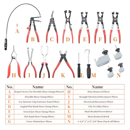 16 Pcs Hose Clamp Pliers Set, Hose Clamp Removal and Installation Tool | with Long Flexible Plier & Electrical Disconnect Pliers for Automotive Coolant Radiator Heater, Water Hoses, Fuel Lines - size: 16pcs