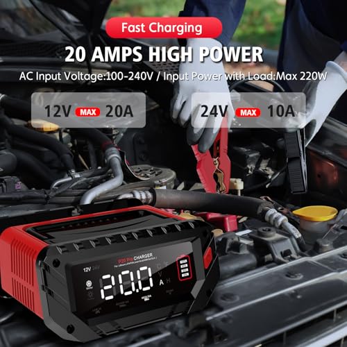 20A Car Battery Charger, 12V/24V Smart Battery Maintainer, Trickle Chargers | 12V 20A/24V 10A Smart Fast Battery Chargers for Car, Motorcycle, Boat, Marine, Lead-Acid, Lithium, LiFePo4 Batteries