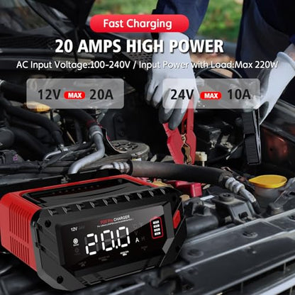 20A Car Battery Charger, 12V/24V Smart Battery Maintainer, Trickle Chargers | 12V 20A/24V 10A Smart Fast Battery Chargers for Car, Motorcycle, Boat, Marine, Lead-Acid, Lithium, LiFePo4 Batteries