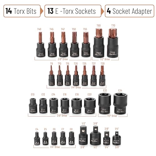 Bates- Torx Bit Socket Set & E Torx Socket Set, 31 pcs, Cr-V Steel, Star T8-T70, E4-E24, 1/4", 1/2" & 3/8" Adaptors & Reducers