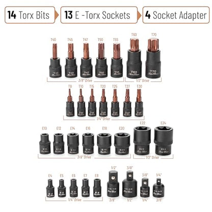 Bates- Torx Bit Socket Set & E Torx Socket Set, 31 pcs, Cr-V Steel, Star T8-T70, E4-E24, 1/4", 1/2" & 3/8" Adaptors & Reducers