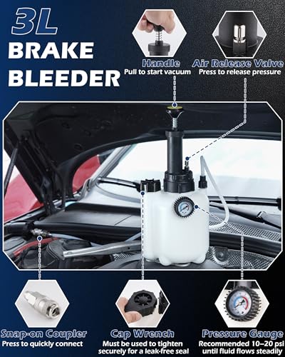 Brake Fluid Bleeder Kit, 3L Power Bleeding Pump w/ 1L Catch Bottle & Fluid Dropper, Automotive Pressure Bleeder Brakes Flush Kit, Compatible with 43.5/45/49.5/50.7mm Master Cylinder Reservoir