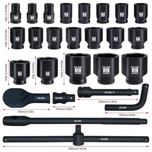 3/4" and 1" Impact Socket Set, Standard 6 Point Metric Deep Drive Sockets 21-50 mm and 55-65 mm, Cr-Mo Steel, 26Pcs Heavy Duty Large Socket Set with Ratchet Wrench, T Sliding Bar and Dedicated Case - style: 3/4in-26Pcs-Metric