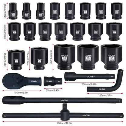 3/4" and 1" Impact Socket Set, Standard 6 Point Metric Deep Drive Sockets 21-50 mm and 55-65 mm, Cr-Mo Steel, 26Pcs Heavy Duty Large Socket Set with Ratchet Wrench, T Sliding Bar and Dedicated Case - style: 3/4in-26Pcs-Metric