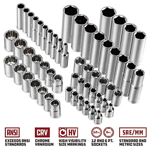 Powerbuilt 642452 80 Piece 1/4-inch and 3/8-inch Drive Mechanics Tool Set - with SAE and Metric Socket Set, 72 Tooth Seal-Head Ratchet, Automotive Tool Kit, including Case - size: 80 Piece