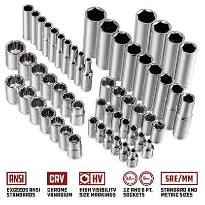 Powerbuilt 642452 80 Piece 1/4-inch and 3/8-inch Drive Mechanics Tool Set - with SAE and Metric Socket Set, 72 Tooth Seal-Head Ratchet, Automotive Tool Kit, including Case - size: 80 Piece