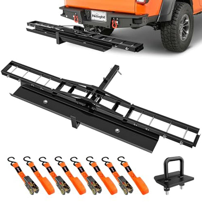 Nilight 600LBS Motorcycle Hitch Carrier with 55.11" Longer Loading Ramp | Heavy Duty Dirt Bike Hitch Hauler, Fits 2-Inch Receiver, Up to 5" Wide Tire, Includes Pin, Tie-Down Strap and Tightener - color: Motorcycle Hitch Carrier Steel 600 LBS