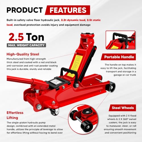Floor Jack 2.5 Ton, 5500 lbs Capacity Low Profile Floor Jack with Single Piston Pump, Heavy Duty Steel Hydraulic Jack with Lifting Range 3.4'' to 15.2'' for Car, Sedans, Pickups, MPVs