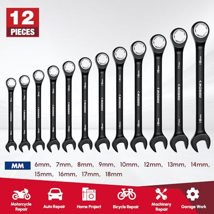 ARROW 12PCS Metric Ratcheting Wrench Set, Anti-Slip 6-18mm Combination Ratchet Wrench Set with Black Magnetic Tool Holder, Premium CRV Material, 72-Teeth, Corrosion-Resistant, Easy to Carry & Store - style: Metric Only