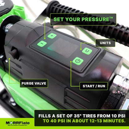 MORRFlate Air Compressor FiveSix PSI Pro With Auto Shut Off Mode | Portable Single Cylinder 5.6 CFM 12V Offroad Air Compressor with 4FT Hose | Set Your PSI and Walk Away | Includes Bag and Gloves